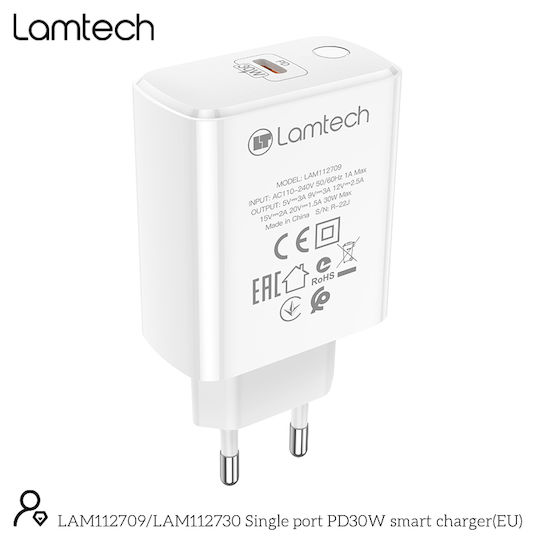 Lamtech Wireless Charger with USB-C Port 30W Power Delivery White (LAM112709)