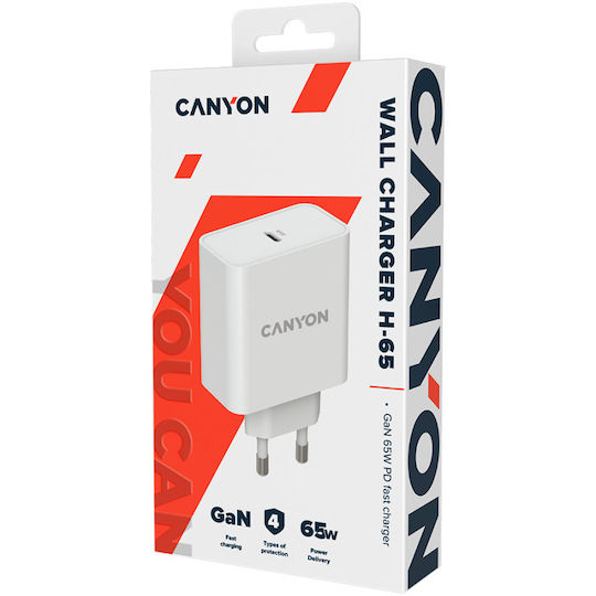Canyon Φορτιστής Χωρίς Καλώδιο GaN με Θύρα USB-C 65W Λευκός (CND-CHA65W01)