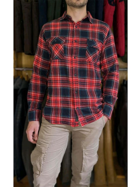 Double Men's Shirt Long Sleeve Flannel Checked Red Double