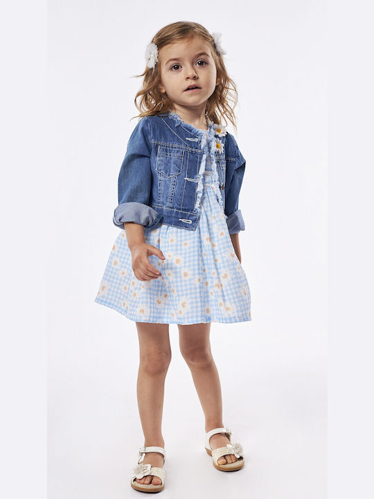 Evita Kids Dress Set with Coat Floral Short Sleeve Light Blue