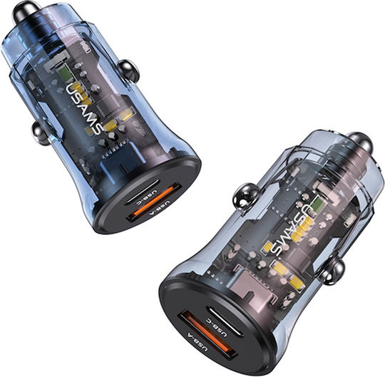 Usams C32 CC164 Auto-Ladegerät 30W mit Anschlüssen: 1xUSB 1xType-C Schwarz Farbe