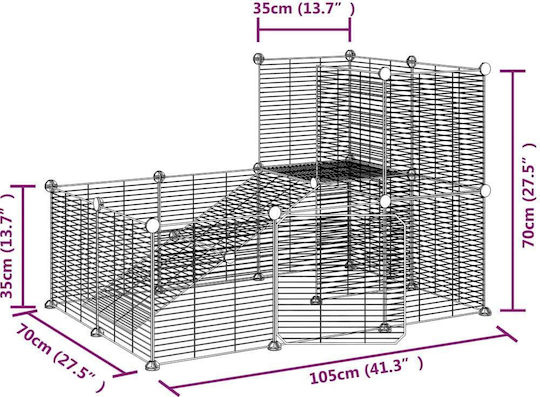 vidaXL Κλουβί Τρωκτικού 105x70x70cm με 20 Πάνελ & Πόρτα Μαύρο Ατσάλινο