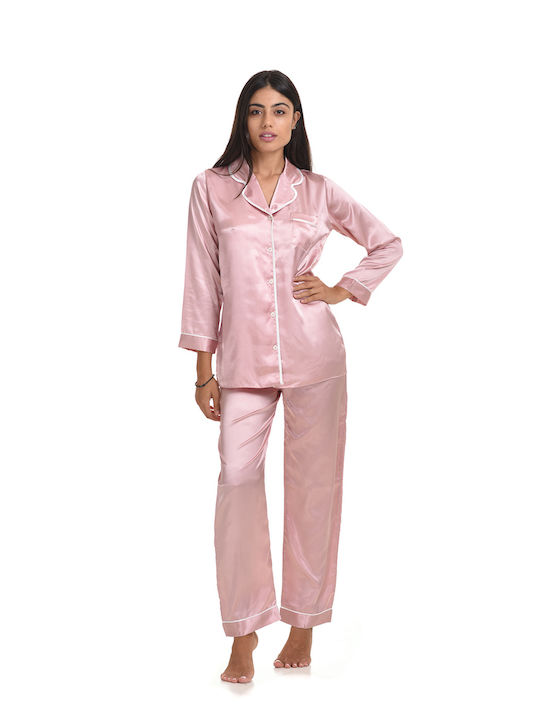 Vienetta Secret Winter Damen Pyjama-Set Satin Rosa