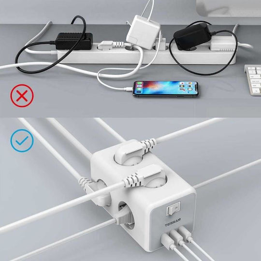 Tessan Bandă de alimentare 6 Prize cu 3 USB-A, Comutator și Cablu 2m Gri