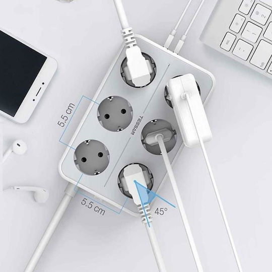 Tessan Πολύπριζο 6 Θέσεων με 3 USB-A, Διακόπτη και Καλώδιο 1.5m Γκρι