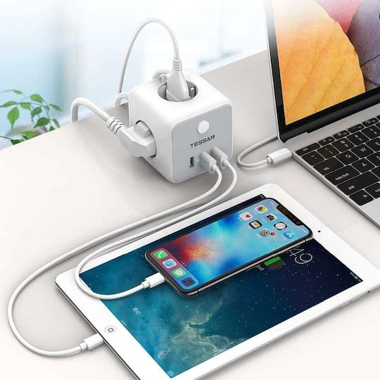 Tessan PowerCube 3 Θέσεων με 3 USB-A, Διακόπτη και Καλώδιο 1.5m Γκρι
