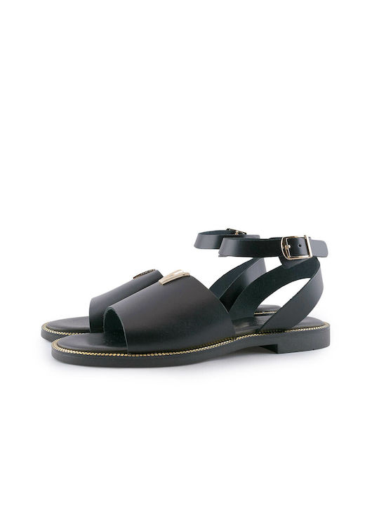 Bebaroque Leather Women's Flat Sandals with Strap in Black Color