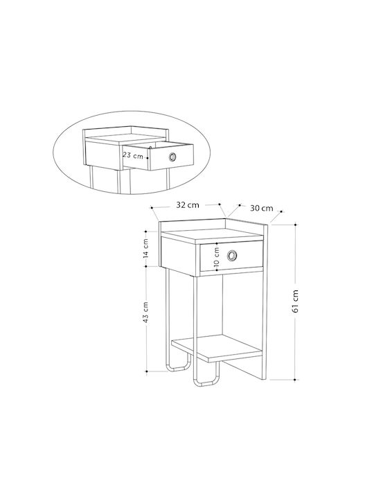 Sirius Wooden Bedside Table with Metallic Legs White 32x30x61cm