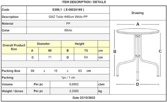 Τραπέζι Μπαρ Gaz 60x60x73 Λευκό Τραπέζι Μπαρ Gaz 60x60x73 Λευκό