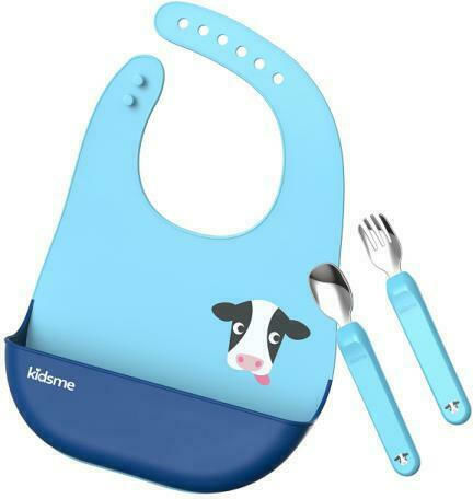Kidsme Deluxe Dining Set Waterproof Лигавник Силикон с бутон & Джоб Аквамарин за 6 за електронен магазин в категорията "Гризалки и облекчение при изрязване на зъби"