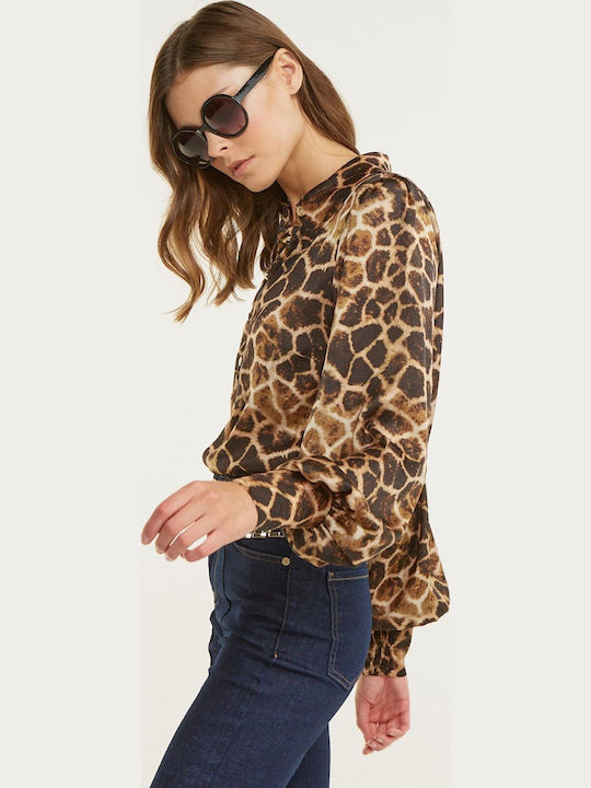 Women's Blouse Long Sleeve Animal Print Brown
