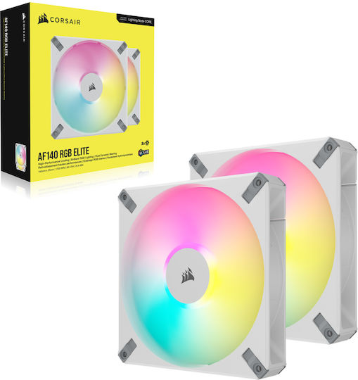Corsair iCUE AF140 Elite Case Fan 1700rpm 89cfm with RGB Lighting and 4-Pin PWM Connection 2pcs White