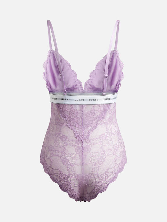 Guess Lingerie Spaghetti Strap Bodysuit with Lace Slim Fit Lilac