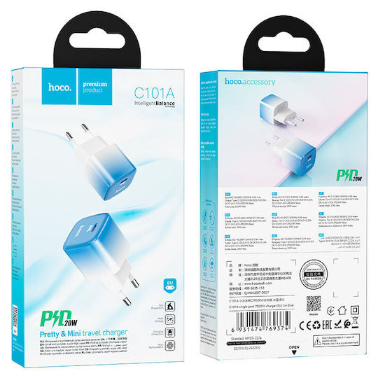 Hoco Încărcător Fără Cablu cu Port USB-C 20W Quick Charge 3.0 Albastru (C101A)