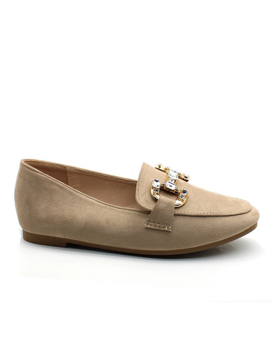 Damen Mokassins Flats mit Dornen K Strass Beige