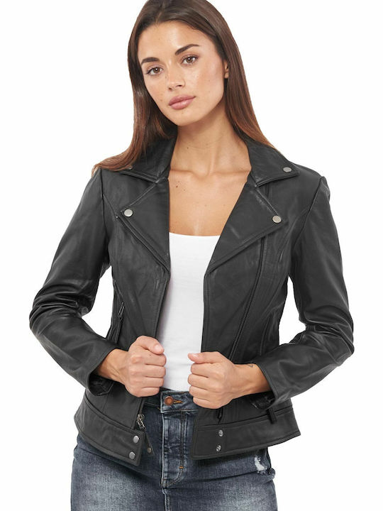 Athina Δερμάτινο Γυναικείο Biker Jacket Μαύρο