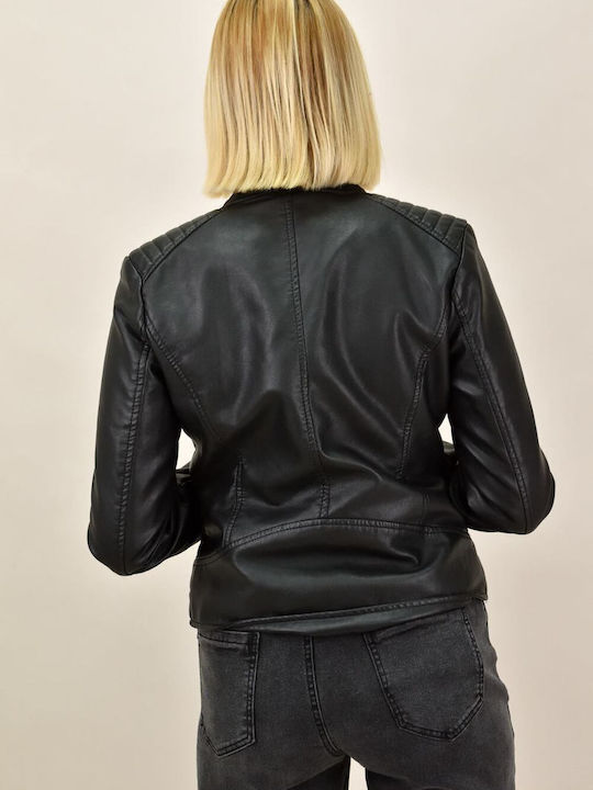 Potre Women's Short Biker Artificial Leather Jacket for Winter Black