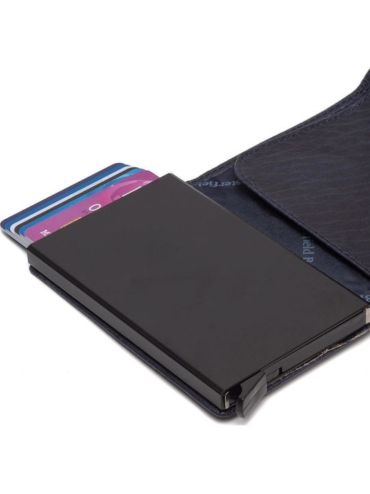 Leather Men's Wallet Cards with RFID and Slide Mechanism Blue