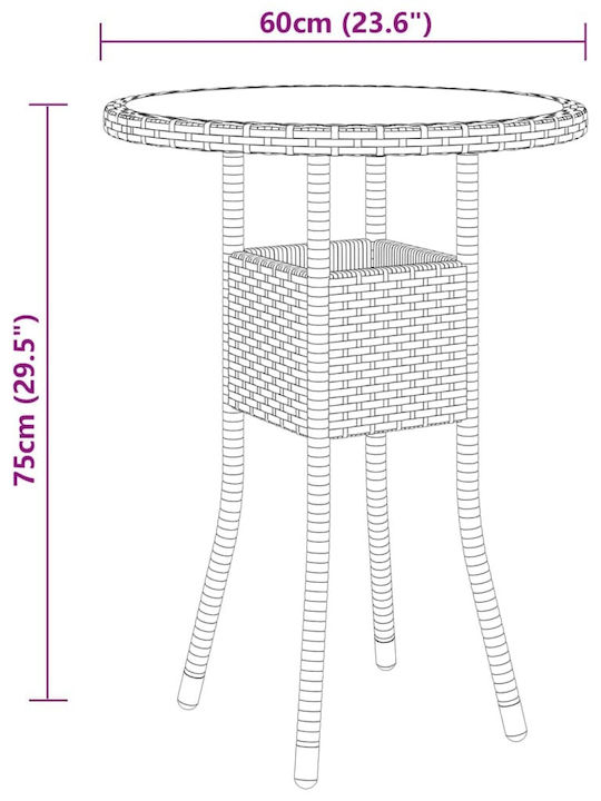 Masa pentru spații exterioare mici Rattan cu suprafață din sticlă Negru 60x60x75buc