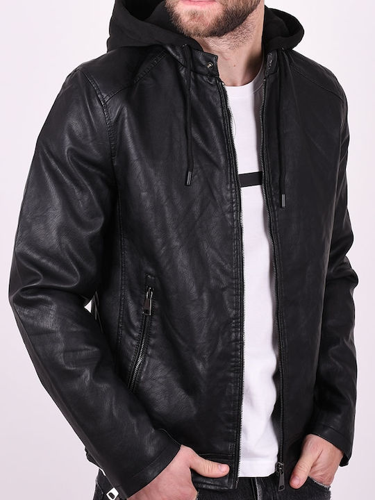 Leatherette jacket with hood Black Black