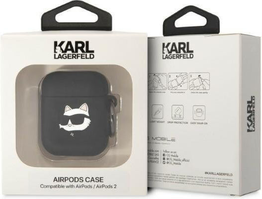 Karl Lagerfeld Choupette Head 3D Case Silicone with Hook in Black color for Apple AirPods 1 / AirPods 2
