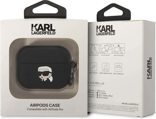 Karl Lagerfeld Karl Head 3D Hülle Silikon mit Haken in Schwarz Farbe für Apple AirPods Pro