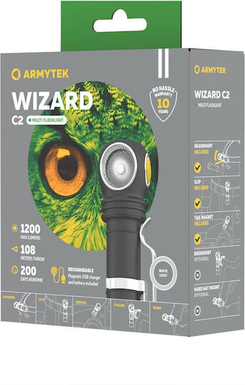 Armytek Επαναφορτιζόμενος Φακός LED IP68 με Μέγιστη Φωτεινότητα 1200lm Wizard C2 Magnet