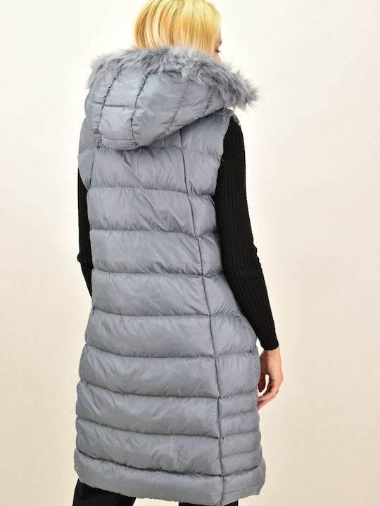 Potre Lang Damen Ärmellos Puffer Jacke mit pelziger Kapuze für Winter Gray