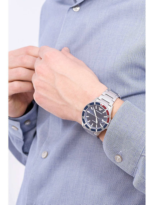 Emporio Armani Renato Ανδρικό Ρολόι 42mm Μπαταρίας με Ασημί Μεταλλικό Μπρασελέ
