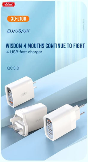 XO Φορτιστής Χωρίς Καλώδιο με 4 Θύρες USB-A Quick Charge 3.0 Λευκός (L100)