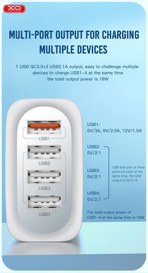 XO Φορτιστής Χωρίς Καλώδιο με 4 Θύρες USB-A Quick Charge 3.0 Λευκός (L100)
