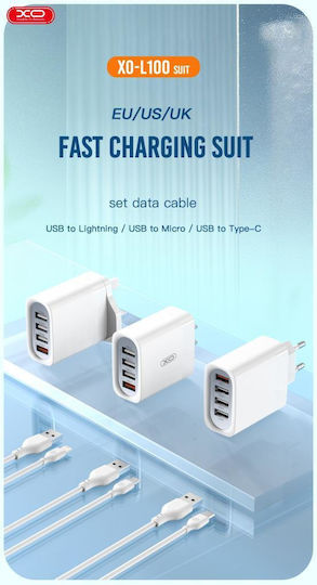 XO Φορτιστής Χωρίς Καλώδιο με 4 Θύρες USB-A Quick Charge 3.0 Λευκός (L100)