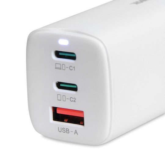 iBox Incarcător Fără Cablu GaN cu Port USB-A și 2 Porturi USB-C 65W Alb