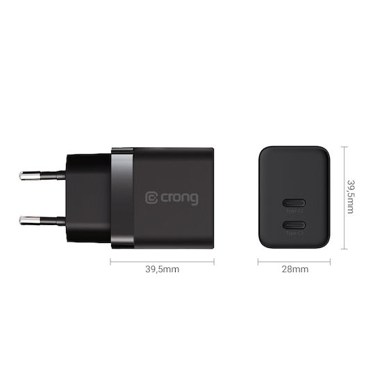 Crong Φορτιστής Χωρίς Καλώδιο GaN με 2 Θύρες USB-C 35W Power Delivery Μαύρος (CRG-GNCC35-BLK)