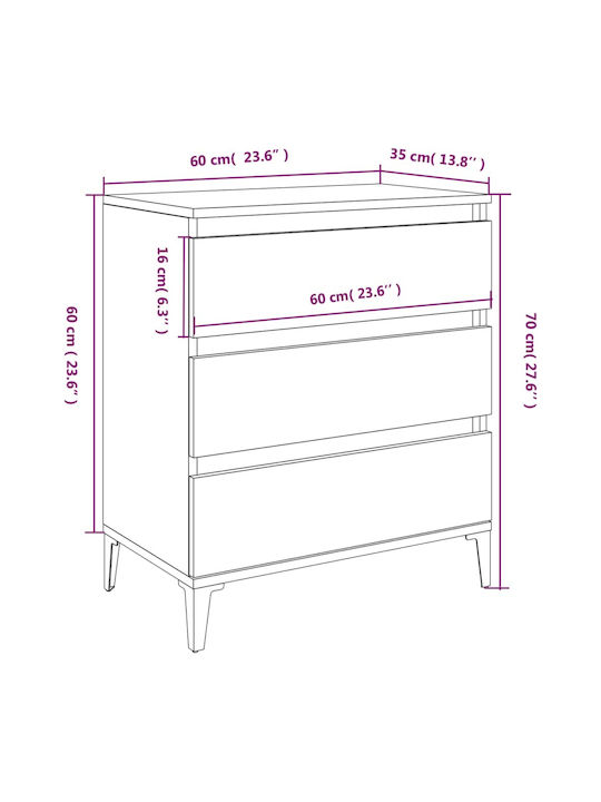 Wooden Chest of Drawers with 3 Drawers 60x35x70cm