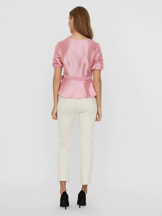 Vero Moda Women's Summer Blouse Satin Short Sleeve Pink