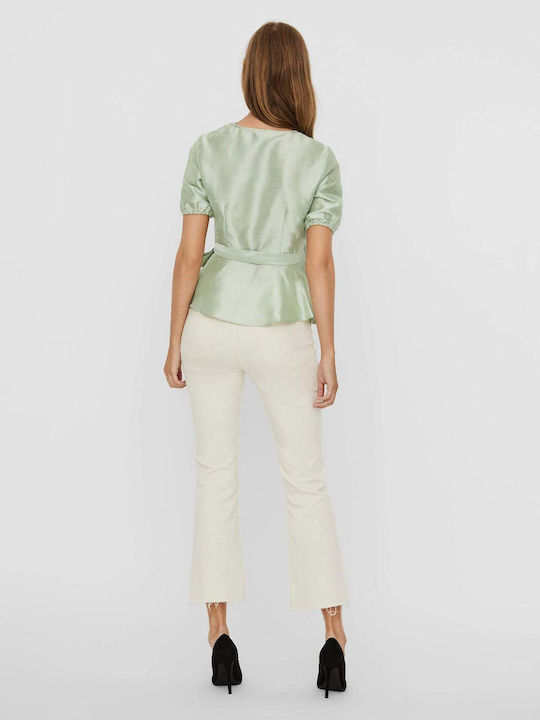 Vero Moda Damen Sommerliche Bluse Satin Kurzärmelig Grün