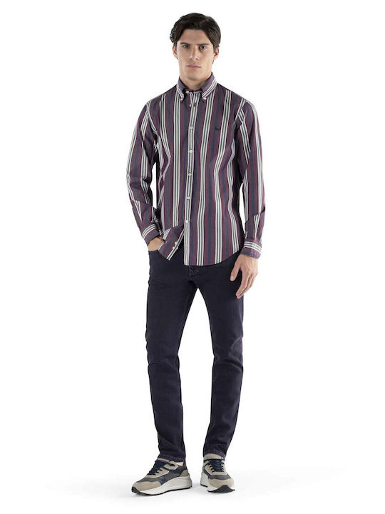 HARMONT & BLAINE Button Down Modern Fit Striped Shirt Burgundy Cotton Striped ALL DAY, CASUAL, BUSINESS