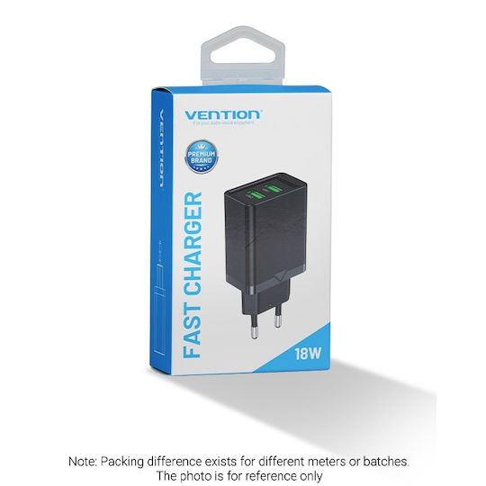 Vention Charger Without Cable with 2 USB-A Ports 18W Quick Charge 3.0 Blacks (FBAB0-EU)