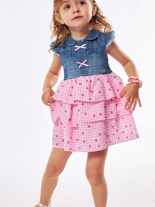 Girls Sleeveless Denim Checked Multicolour Dress