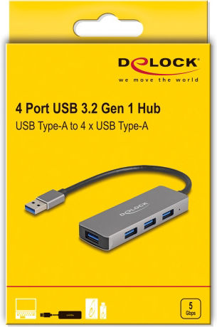 DeLock Hub 4 Porturi USB 3.2 Cu Conectare USB-A Gri