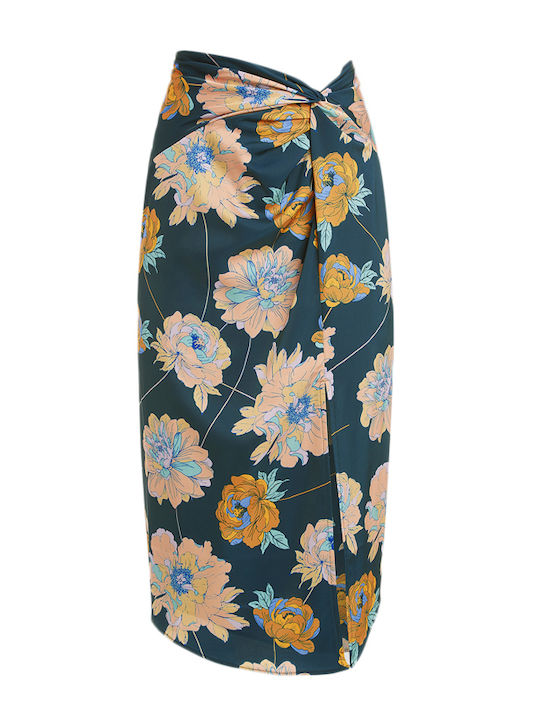 W3RD09WEX62 Satin Pencil High-waisted Midi Skirt Floral Multicolored
