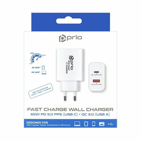Prio Charger Without Cable with USB-A Port and USB-C Port 65W Power Delivery / Quick Charge 3.0 Whites