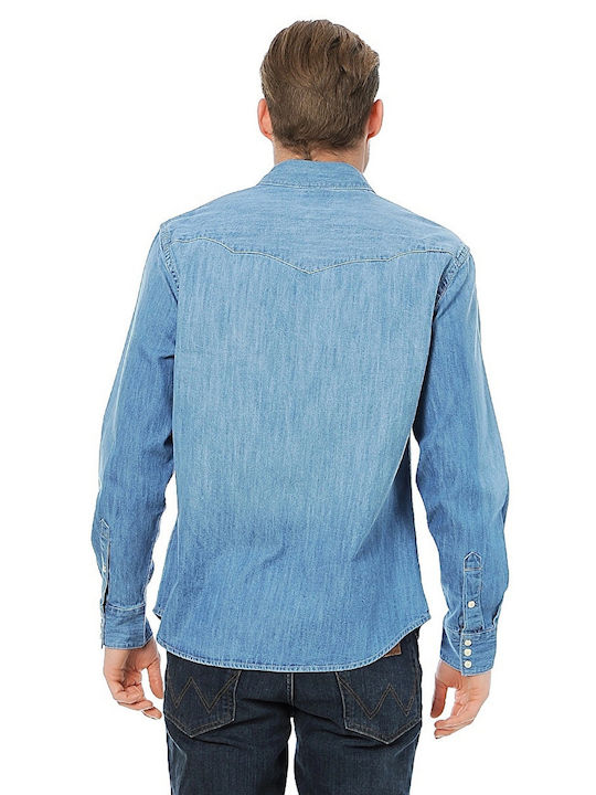 Wrangler Western Herrenhemd Langärmelig Jeans Blau