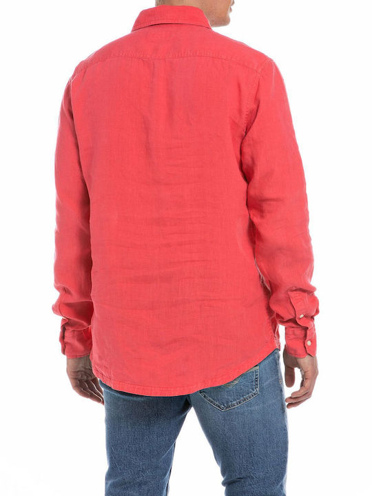 Replay Men's Shirt Long Sleeve Linen Red