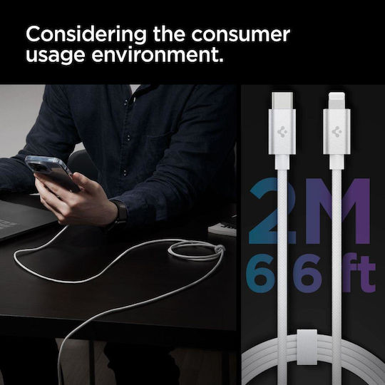 Spigen ArcWire Плетена USB-C към Lightning кабел Бял 2м (ACA04467)