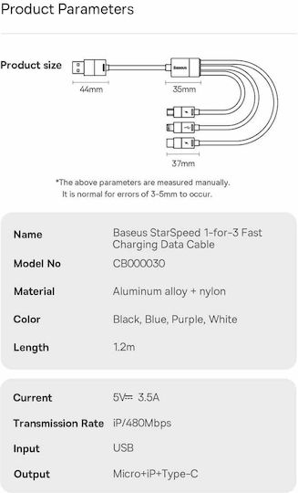 Baseus Starspeed Braided USB to Lightning / Type-C / micro USB Cable 3.5A Μπλε 1.2m (CAXS000017)