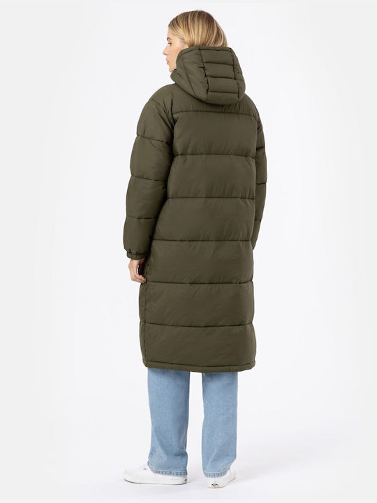 Dickies Women's Long Puffer Jacket for Winter with Hood Green