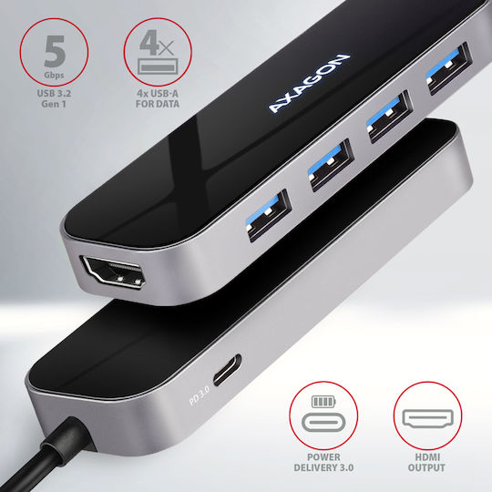 Axagon HMC-6H4A USB-C Docking Station mit HDMI 4K PD Schwarz