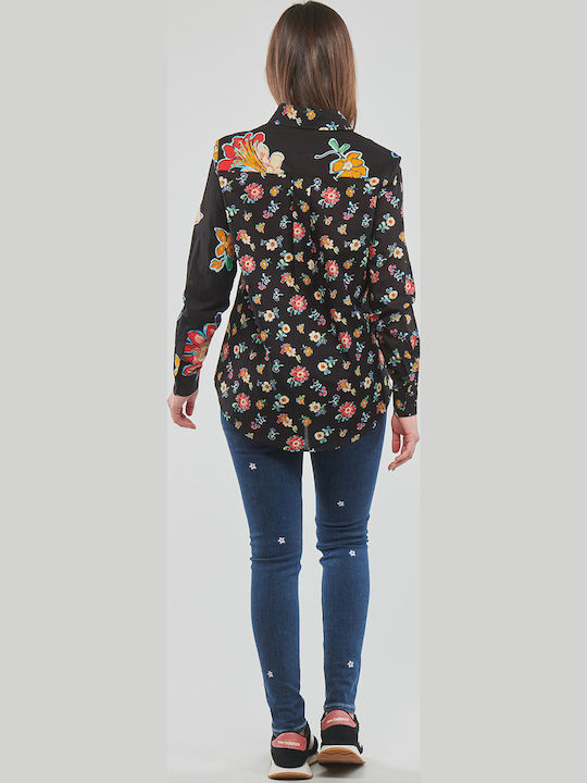 Langärmelig Damen Hemd Schwarz Blumen